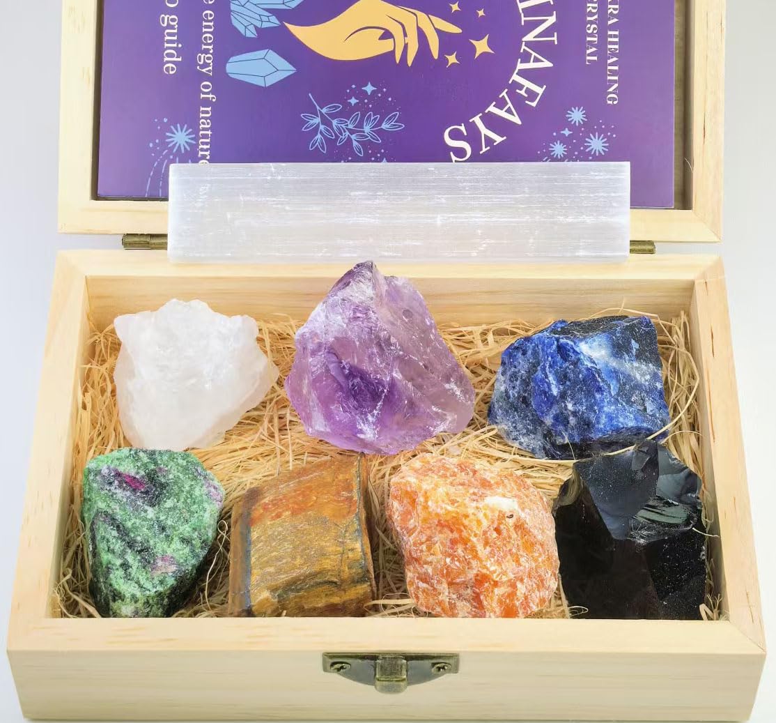 Raw Crystals & Healing Stones Set | 7 Chakra Stones + Selenite, Gift Box