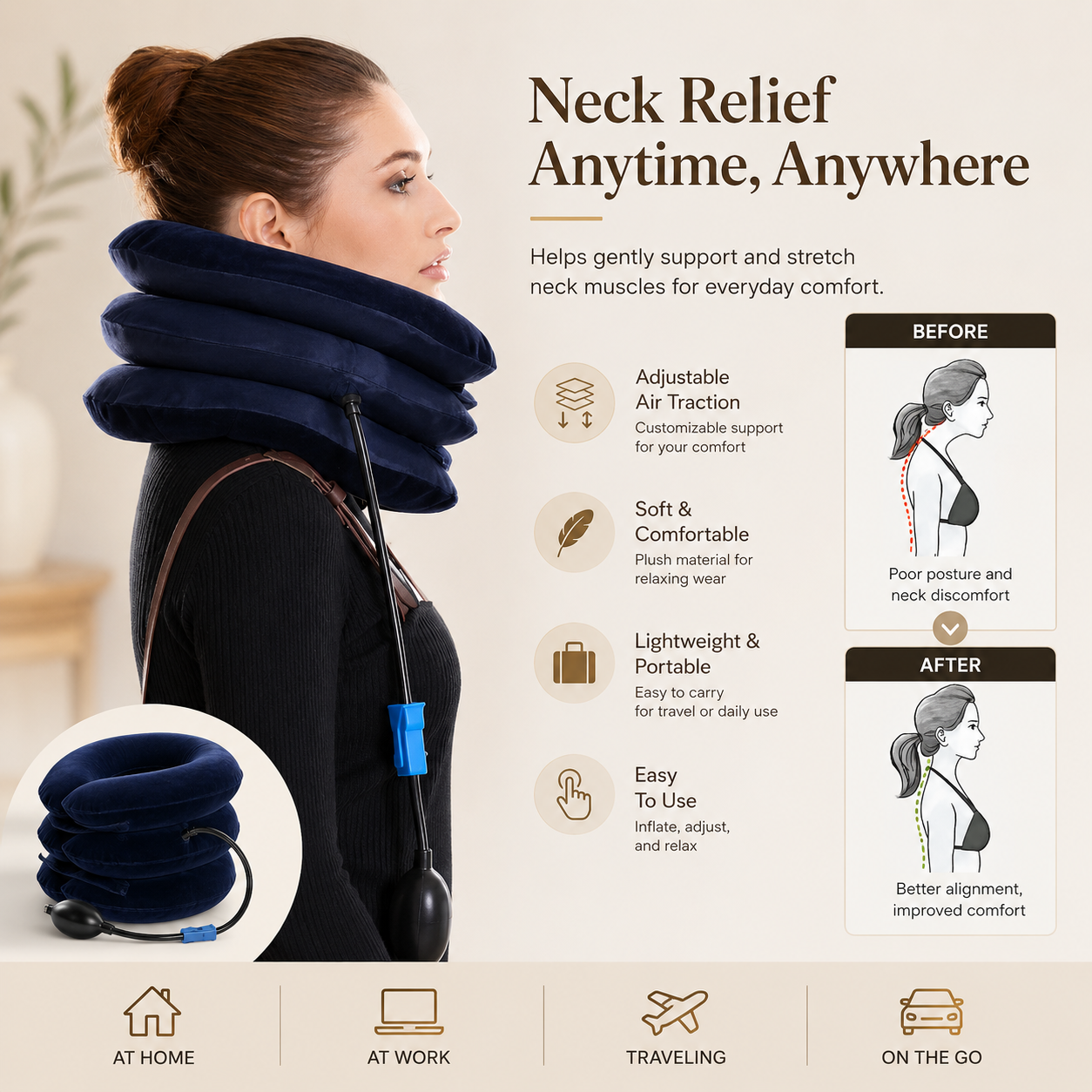 Adjustable Inflatable Neck Support Cushion